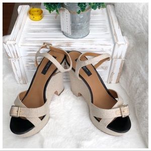 Ann Taylor Burlap/Tan canvas Ankle Strap Heels